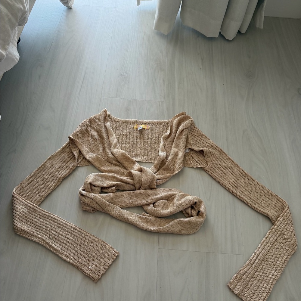 Urban Outfitters Tan Wrap Sweater with gold sequins